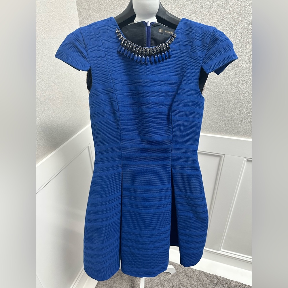 Zara XS Royal Blue flared skirt dress with cap sleeve and jeweled bib necklace